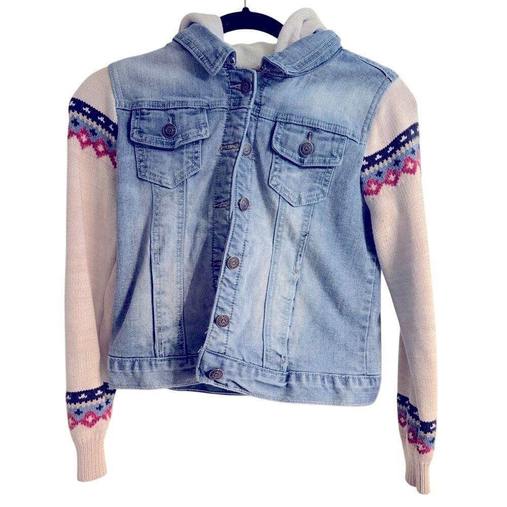 Vigoss Denim & Tan Sweater Jacket Size 12 Faux Fur Lining With‎ Hood